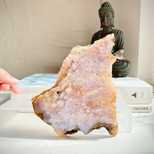 Flower Agate Pink Amethyst Slab Large Quartz Druzy Cave 380g 14x12x1cm 13.4oz 5.5x4.7x0.4in Pink Amethyst Natural Geode Cluster PA9