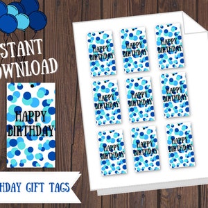 Printable Happy Birthday Gift Tags, Tags for Gifts, Blue Gift Tags, Black Ink, Instant Download