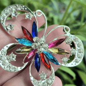 Silver butterfly brooch with rhinestones, vintage pin, elegant brooches, clothing accessories, old jewellery, colourful insect gift
