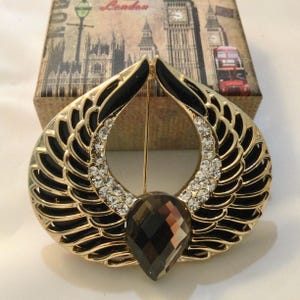 Hermes wings black brooch with rhinestones, vintage pin, elegant brooches, clothing accessories, old jewellery, fashion designer gift