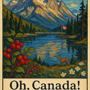 May include: A vintage-style poster with a Canadian landscape scene. The image features a mountain range, a lake, and a deer. The text "Oh, Canada! Eau de Toilette" is displayed at the bottom, along with a maple leaf.