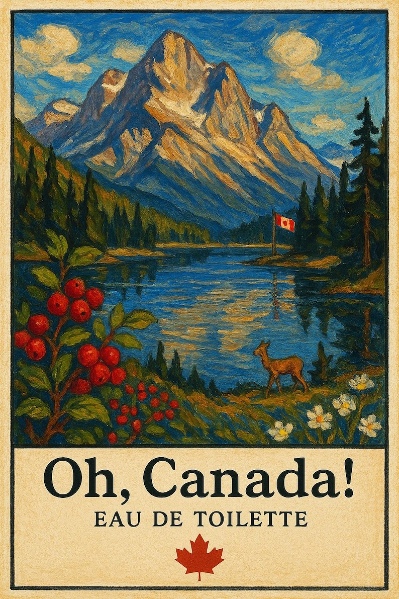 May include: A vintage-style poster with a Canadian landscape scene. The image features a mountain range, a lake, and a deer. The text "Oh, Canada! Eau de Toilette" is displayed at the bottom, along with a maple leaf.