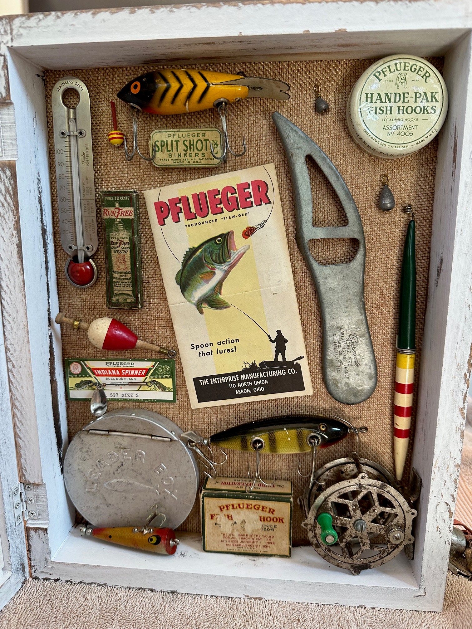 13 X 16 Rustic Fishing Tackle Shadow Box With Antiques and Vintage