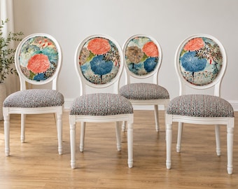 Louis XVI Style Accent Chair | Reupholstered Floral Medallion Back, French Provincial Dining Seat