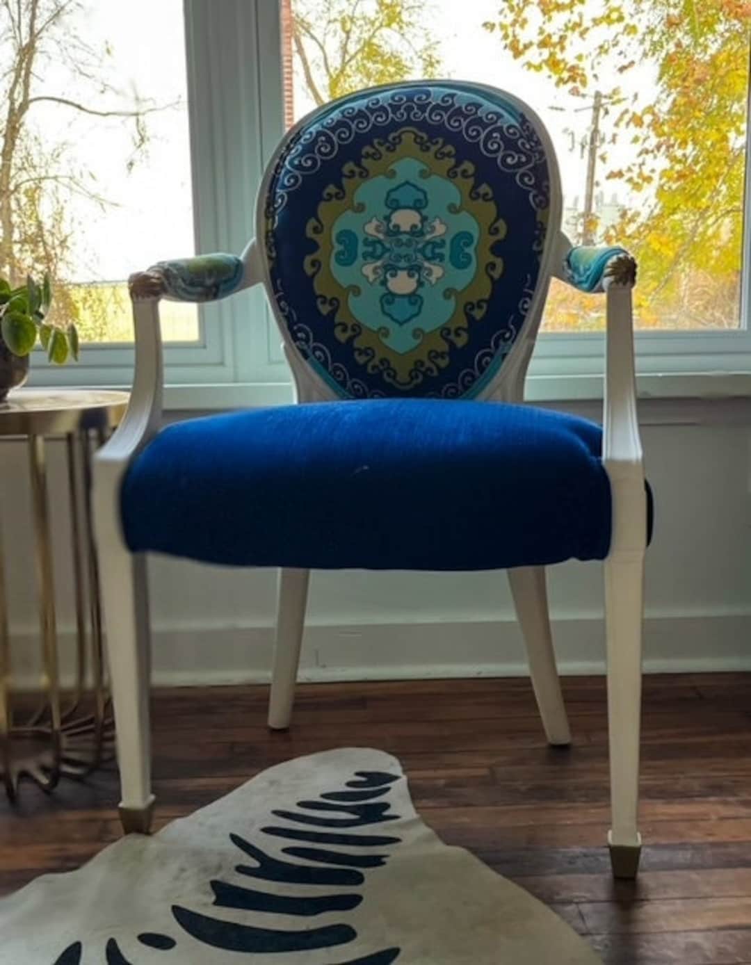 Buy Vintage Reupholstered Chair, Boho Style, Customizable, Blue Textured  Velvet, Contrasting Colors, Statement Chair, Painted Furniture, Gold Online 