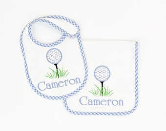 Monogrammed Burp Cloth and Bib Set | Baby Boy Bib | Newborn Gift | Baby Shower Gift | Gingham Bib and Burp Cloth Set