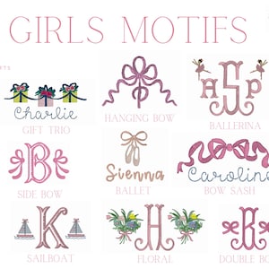 May include: A collection of embroidered motifs for girls, including tulips, bows, ice cream, and a rocking horse. The designs feature names and initials in a pink color scheme, perfect for custom embroidery projects.