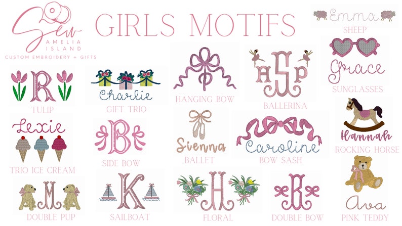 May include: A collection of embroidered motifs for girls, including tulips, bows, ice cream, and a rocking horse. The designs feature names and initials in a pink color scheme, perfect for custom embroidery projects.