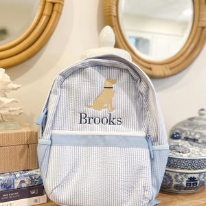 May include: A blue and white striped backpack with a dog graphic and the name "Brooks" embroidered on the front. The backpack has a light blue trim, a side mesh pocket, and a top handle. The bag is sitting on a wooden surface.