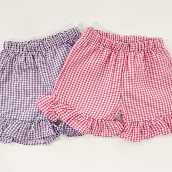 Girls Ruffle Shorts | Girls Gingham Ruffle Shorts | Girls Shorts  | Girls Pink Ruffle Shorts | Girls Purple Ruffle Shorts