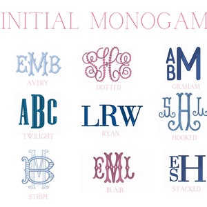 May include: Image featuring various initial monograms in different styles and colors. The designs include options like Baroque, Avery, Dotted, Graham, Fishtail, Diamond, Twilight, Ryan, Hooked, Vine, Blair, Stacked, and Fairfax.