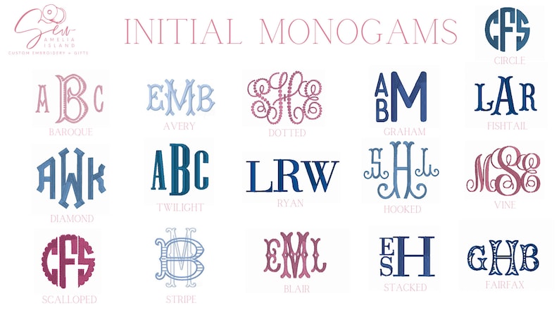 May include: Image featuring various initial monograms in different styles and colors. The designs include options like Baroque, Avery, Dotted, Graham, Fishtail, Diamond, Twilight, Ryan, Hooked, Vine, Blair, Stacked, and Fairfax.