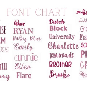 May include: A font chart featuring various text styles in a mauve color. The chart includes a logo for "Sew Amelia Island" and displays font names such as "Farmhouse," "Graham," "Scarlett," "Blair," "Rivermill," and "Mallory."