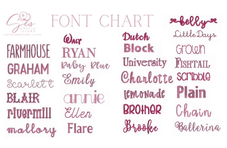 May include: A font chart featuring various text styles in a mauve color. The chart includes a logo for "Sew Amelia Island" and displays font names such as "Farmhouse," "Graham," "Scarlett," "Blair," "Rivermill," and "Mallory."