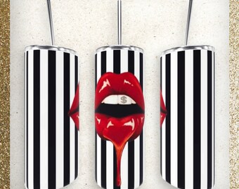 Dripping Red Lipstick Tumbler, Seamless black and white stripes, Valentines Day gift, anniversary gift, bridesmade proposal, Pride LGBTQ
