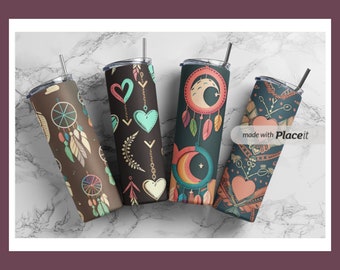 Tumbler Datei Bundle-Designs, 4er Pack Sublimation Wraps, Dreamcatcher Clip Art, Herz png, digitaler Download, Tumbler Hintergrund Design png