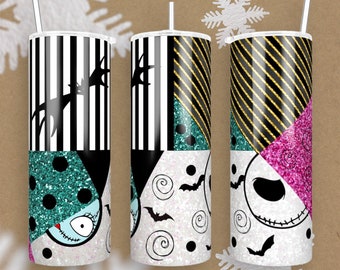Seamless Jack and Sally, Skellington, Nightmare, 20oz Sublimation Tumbler, Spooky Season Halloween Tumbler, Colorful, Christmas, Lovers, Oct