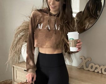 Mama Crop Top Hoodie, weißes Batik Sweatshirt, Größe S
