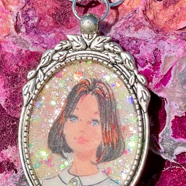 Lorelei: Women's Cameo Style Handmade Pendant- Silver, Colorful, One-of-a-Kind, Vintage Style, Ephemera