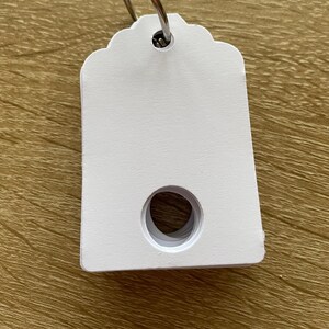 May include: A stack of white blank tags with scalloped edges and a metal ring. The tags have a hole punched in the centre.