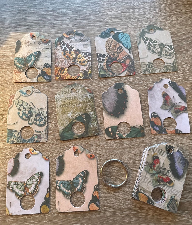 May include: A set of 10 butterfly-themed gift tags with a hole punched in the top. The tags are printed on a variety of papers with different patterns and colors. The butterflies are all different colors and sizes. There is also a silver key ring included.