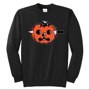May include: Black sweatshirt with a graphic of a pumpkin with a knife through it.