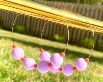 Lilac-Lavender Beaded Hoop Earrings | Modern | Dainty Gold Hoop Earrings | Lightweight | Uniquely Handmade | Gift For Her | Game Day Jewelry