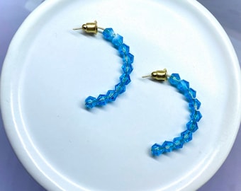 Crystal Hoop Earrings, Handmade Beaded C-Hoops, Huggie Style Hoops, Half Hoop Earrings, Birthstone Jewelry, Custom Color Gemstone Hoops.