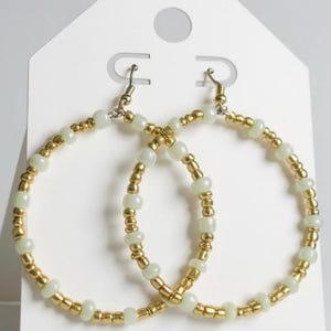 Dainty Beaded Gold Hoop Earrings | Artisan Jewelry | White and Gold Seed Bead Hoops | Boho Chic | Lightweight & Elegant | Handmade | Pearly