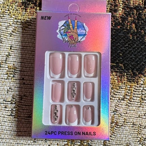 24pcs press on nails short square French tip bling nail