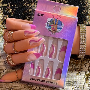 24pcs press on nails coffin, pink, swirl french tip nails