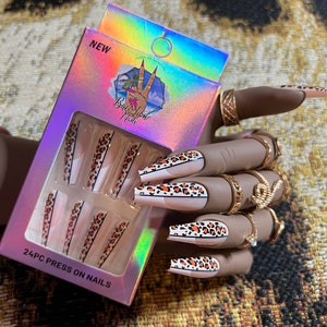24pcs press on nails long coffin, French tip cheetah print nails
