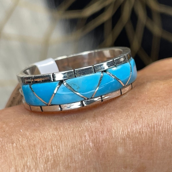 1/2 Price! ZUNI Native American Kingman Turquoise Sterling Silver Ring! Choose Size Beautiful Kingman Turquoise Inlay Handmade Zuni Ring!