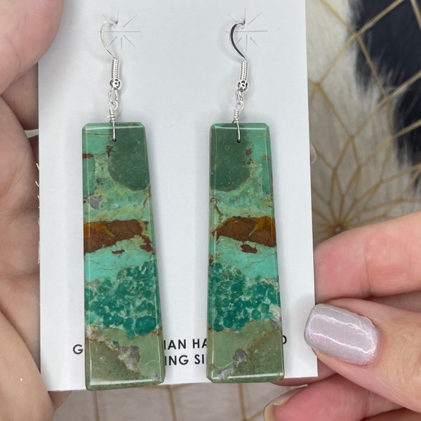 Navajo Native American KINGMAN Turquoise Mohave SLAB Dangle Earrings! Cute Handcrafted Navajo Greens and Browns Turquoise SLAB Earrings