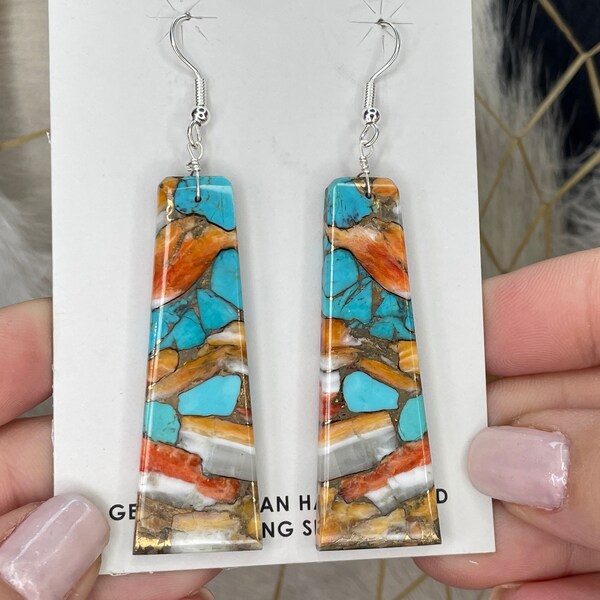 1/2 Price! NAVAJO Native American SPINY Oyster and Turquoise MOHAVE Slab Dangle Earrings! Stylish Long Wedge Shapes Handmade Navajo Earrings
