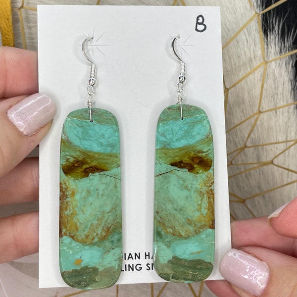 Navajo Native American KINGMAN Turquoise Mohave SLAB Dangle Earrings! Cute Handcrafted Navajo Greens and Browns Turquoise SLAB Earrings