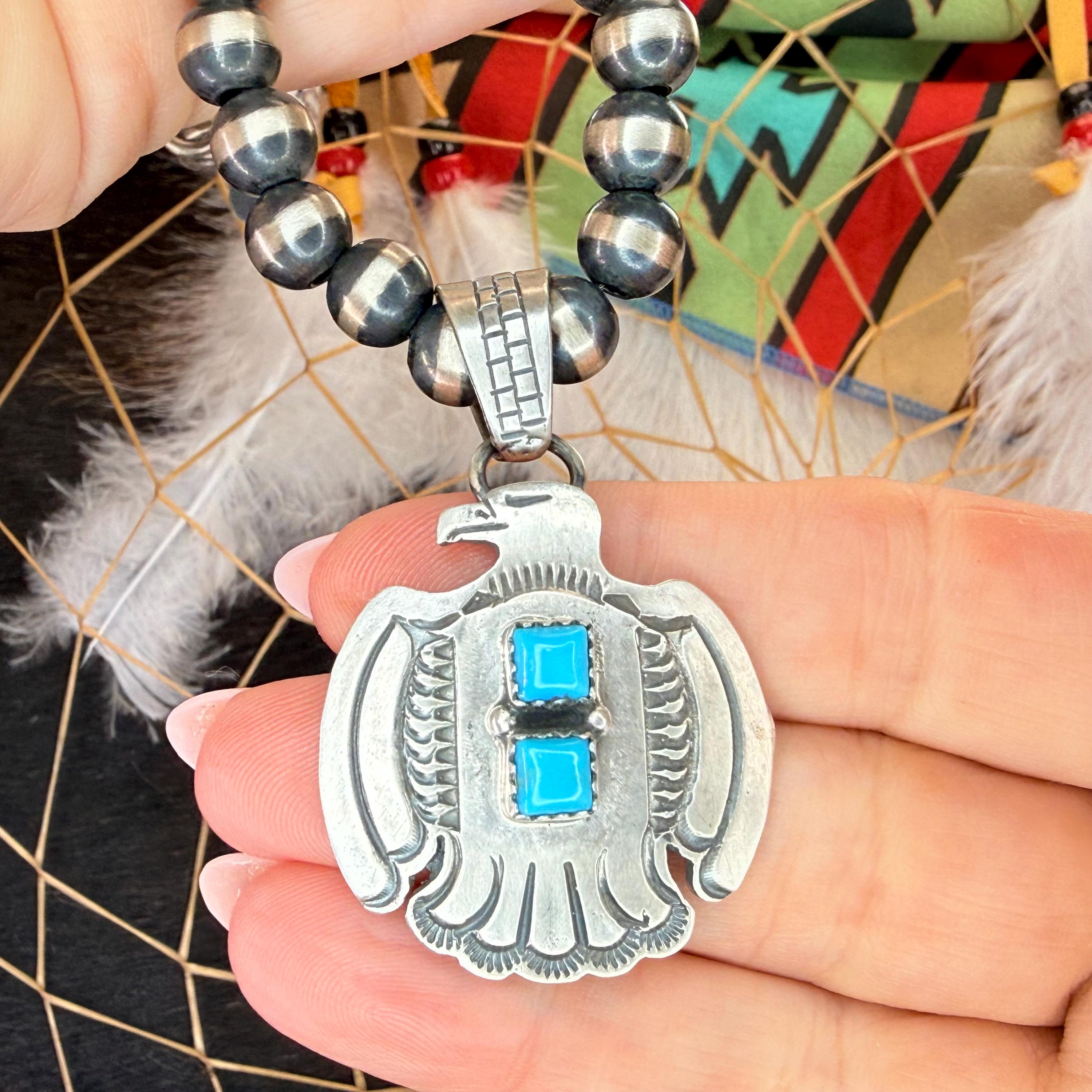 Handmade Navajo Kingman Turquoise THUNDERBIRD Pendant in Sterling ...
