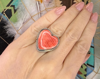 Spiny Oyster HEART Ring in Sterling Silver - Adjustable Navajo Handmade Native American Jewelry