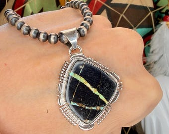 Genuine BLACKJACK Turquoise Pendant in Sterling Silver - Navajo Handmade Native American Jewelry