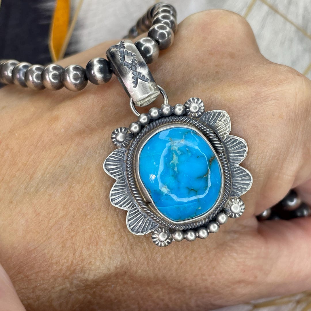 Handmade Navajo KINGMAN Turquoise Pendant in Sterling Silver - Native ...