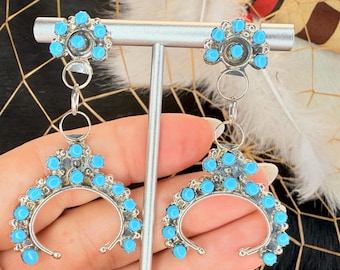 Kingman Turquoise Sterling Silver Earrings | Zuni Petit-Point Design Handmade Native American Jewelry