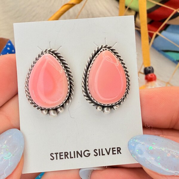 1/2 Price! NAVAJO Native American PINK CONCH Shell Sterling Silver Post Earrings! Pink Queen Conch Shell Authentic Handmade Navajo Earrings!