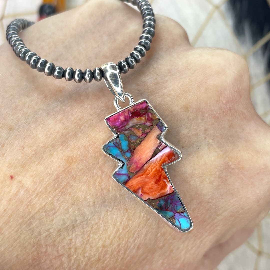 1/2 Price LIGHTNING BOLT Pink Spiny Oyster Turquoise Mohave Pendant in