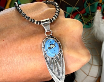 GOLDEN HILLS Turquoise Pendant in Sterling Silver - Mid-Size Navajo Handmade Native American Jewelry