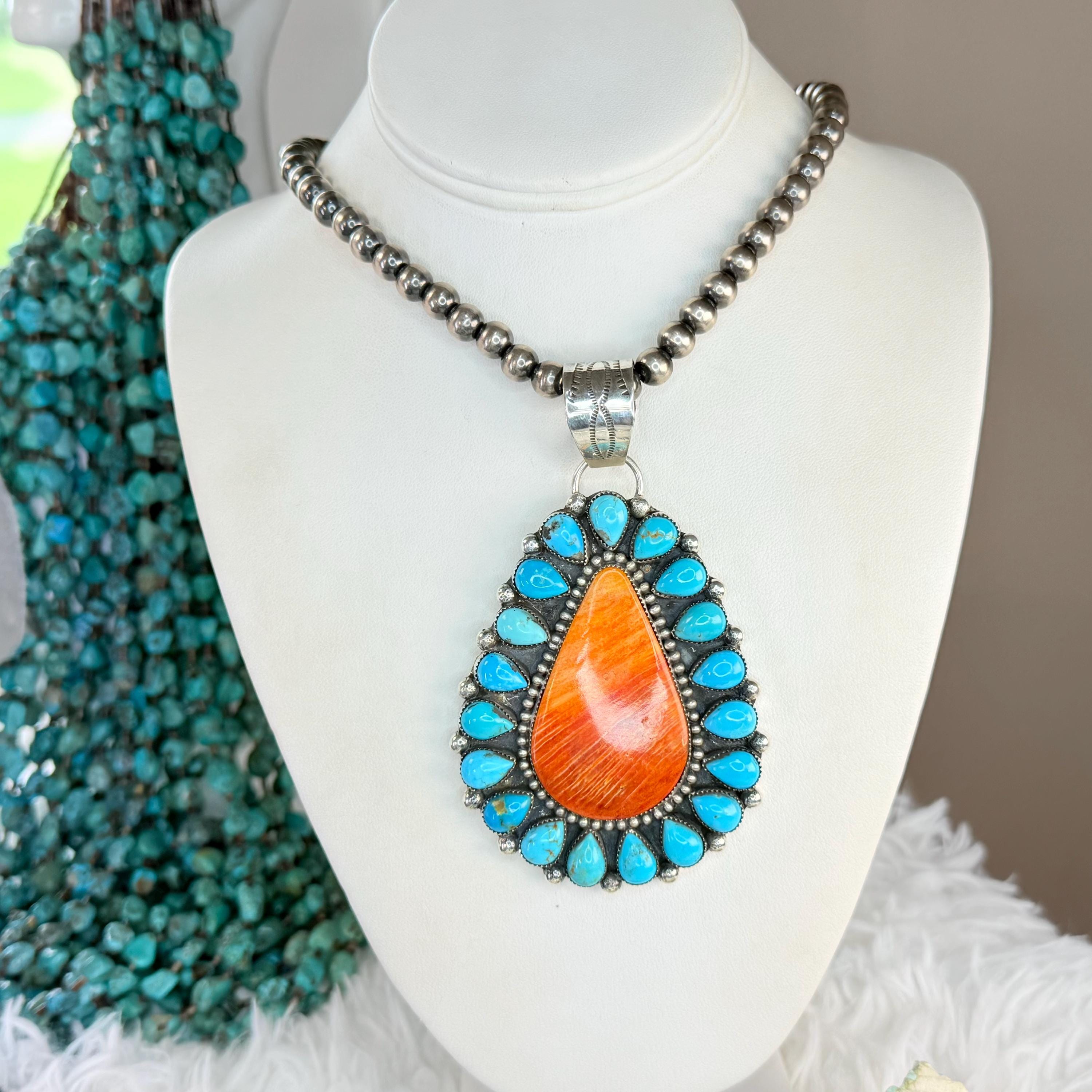 Navajo KINGMAN Turquoise Spiny Oyster Pendant in Sterling Silver ...
