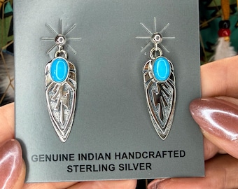 Authentic Navajo Kingman Turquoise Earrings | Sterling Silver Post Dangles | Handmade Native American Jewelry