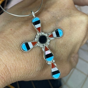 Turquoise, Coral, Mother of Pearl with Handmade Silver Cross Necklace -  Fatto a Mano Antiques