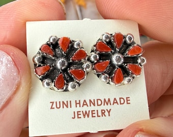 ZUNI Red Coral Earrings in Sterling Silver | Handmade Native American Petit Point Cluster Studs