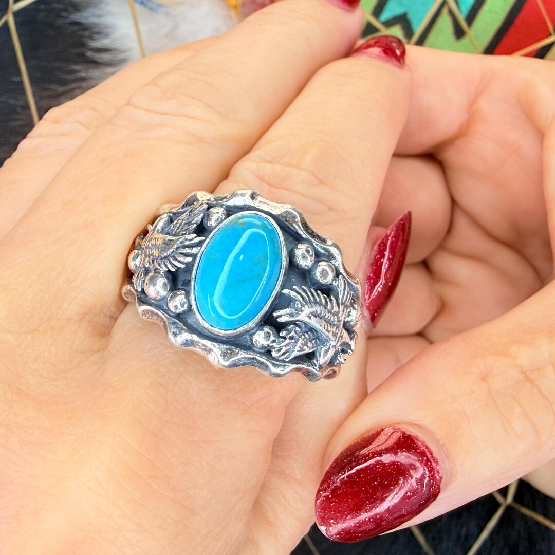 Handmade Navajo KINGMAN Turquoise Eagle Ring in Sterling Silver Size 14 ...