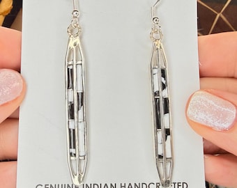 Handmade WHITE BUFFALO Long Bar Earrings in Sterling Silver - Navajo Minimalist Native American Jewelry